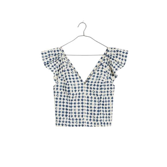 Madewell Women's‎ Shibori Print Cotton V-Back Cropped Top White Blue Size 10 - Picture 2 of 13